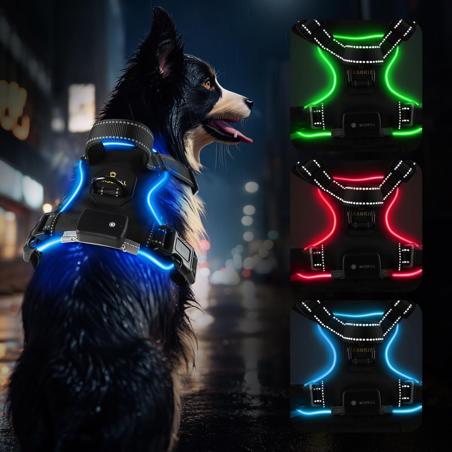 MASBRILL Light Up Dog Harness - No Pull Led Dog Harness Rechargeable Adjustable Lighted Dog Vest Harness for Small Medium Large Dogs