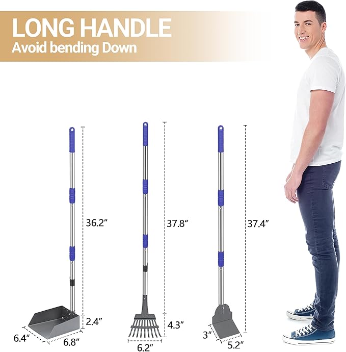 Heeyoo Dog Pooper Scooper, Dog Poop Tray and Rake Set, Pet Waste Removal Scoop with Long Adjustable Sectional Stainless Handles