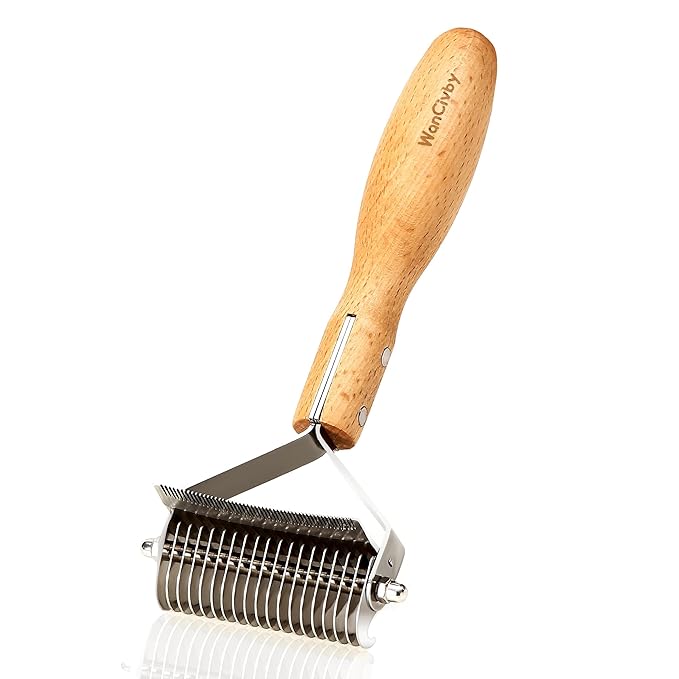 3-in-1Dematting & Deshedding Comb Undercoat Rake for Cats& Dogs，Detangling Matted Fur & Hair Remover Tool Pet Grooming Rake for Shedding and Dematting，Ergonomic beech wood handle (Round Handle)