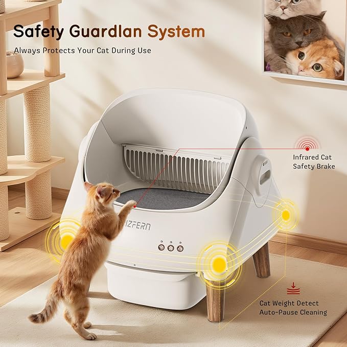 Self Cleaning Litter Box for Multiple Cats, Automatic Cat Litter Box with App Control, Open Top Design, Safety Protection, Ultra-Quiet, Includes Waste Bags, Large Waste Bin, & Brush (Wooden)