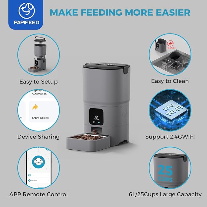 PAPIFEED Automatic Cat Feeder Upgrade, Smart Cat Feeder 6L - APP/Alexa Control, Dual Power Supply, Anti-Chewing Cord, Stainless Steel Bowl, Anti-Chewing Design for Cats and Small/Medium Dogs (Gray)