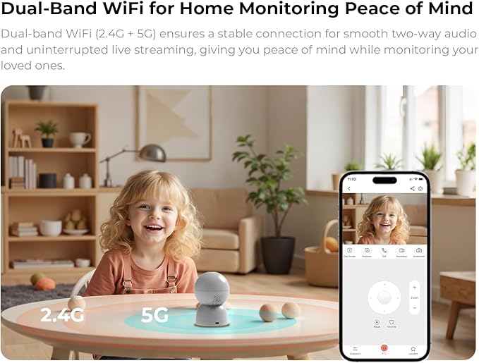 3K Pan/Tilt Indoor Camera for Home, 360° Dog Camera w/Motion Detection, Google TV, No Monthly fees, 2.4G/5G, Night Vision, 2-Way Audio, Auto Tracking, Security Cameras for Baby/Pet Monitoring