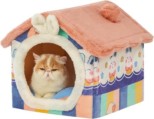 JIUPETY Cute Cat Beds for Indoor Cats, Foldable Cat House with Non-Slip Bottom, S Size Kitten Bed Up to 8 Lbs Kitty, Rainbow