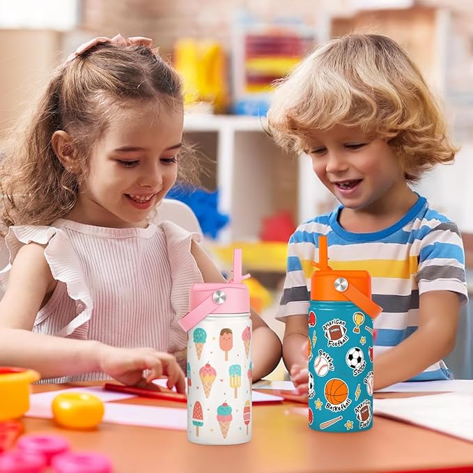 Ice Cream Kids Water Bottle With Straw Lid 12oz Insulated Stainless Steel, Travel Tumbler, Gifts For Girls, Birthday, Christmas, Back To School