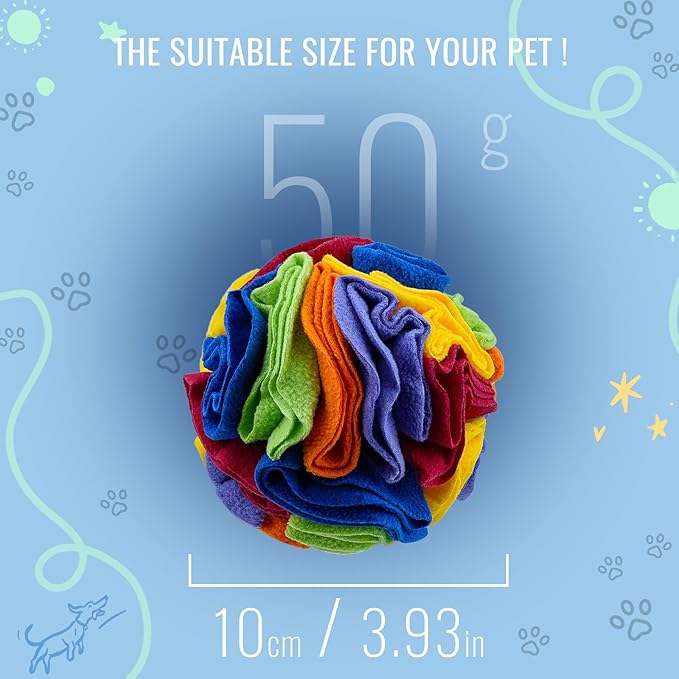 Pet Snuffle Ball, Puzzle Sniffing Interactive Dog Ball for Blind Dogs Training Stress Relief Dog Enrichment Toys Treat Machine Washable (Rainbow Color, 10cm)