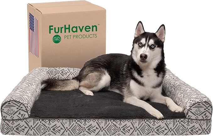 Furhaven Orthopedic Dog Bed for Large Dogs w/ Removable Bolsters & Washable Cover, For Dogs Up to 95 lbs - Plush & Southwest Kilim Woven Decor Sofa - Boulder Gray, Jumbo/XL