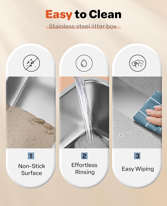 Stainless Steel Litter Box with Lid, 23.5" L x 15.8" W x 12.6" H, XL Metal Cat Box for Big Cats, High Sided Kitty Litter Box with Scoop & Pee Pads, Non-Sticky, Anti-Leakage, Easy to Clean (Gray)