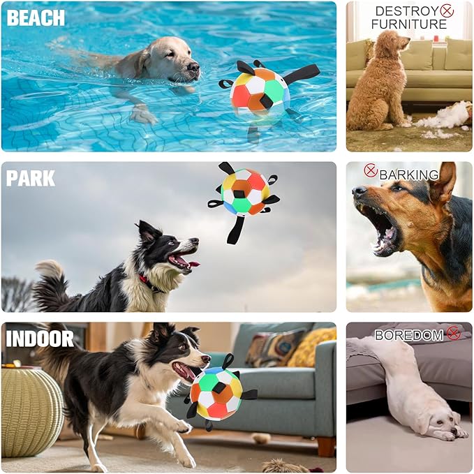 BINGPET Dog Toys Soccer Ball,Interactive Dog Toys Ball for Tug of War,Outdoor Dog Soccer Ball with Straps,Dog Water Toy,Puppy Birthday Gifts,Dog Tug Toy,Durable Dog Balls for Small and Medium Dogs