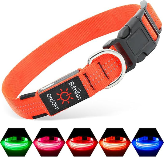 Illumifun LED Dog Collar USB Rechargeable Light Up Dog Collar, Reflective Pet Safety Collar Light Glow in The Dark (OrangeⅢ, Medium)