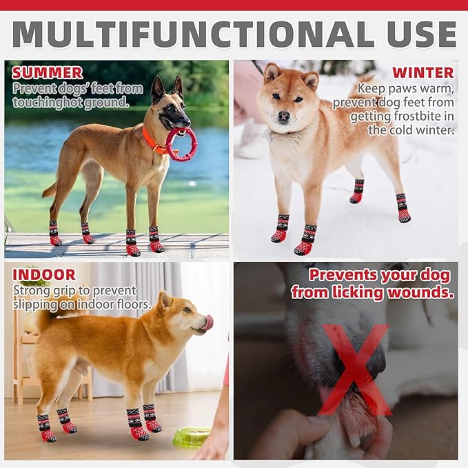KOOLTAIL Dog Socks to Prevent Licking Paws for Hardwood Floors Anti Slip, Winter Warm Pet Boots&Paw Protector with Grippers, Double Sides Dog Shoes Booties for Small Medium Large Senior Dogs Red S