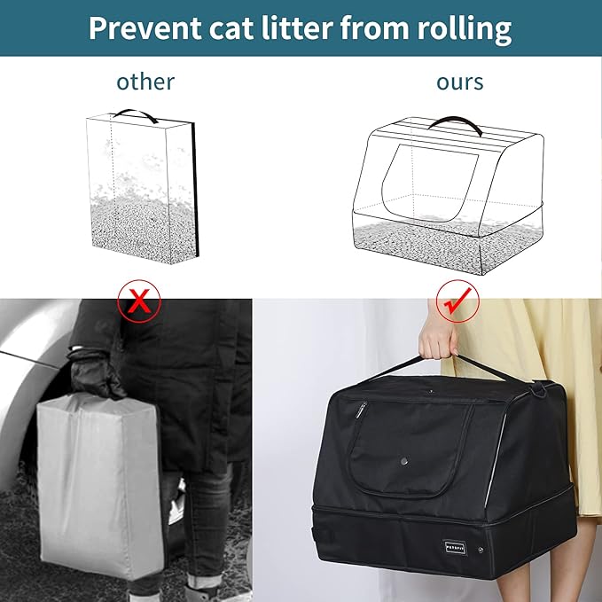 PETSFIT Portable Cat Litter Box - Removable 2-Layer Leak-Proof Lining, Scratch-Resistant Fabric with Sturdy Support Frame, Travel & Collapsible Cat Litter Box Black