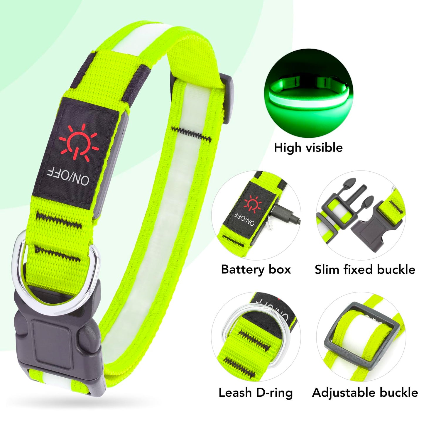 Vizpet LED Dog Collar, Light Up Dog Collar Adjustable USB Rechargeable Super Bright Safety Light Glowing Collars for Dogs(Medium,Green)