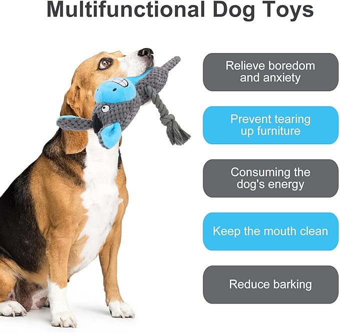 Dog Toys, Dog Squeaker Toys with Crinkle Paper, Stuffed Animal Dog Plush Chewing Toy, Cotton Rope Interactive Toys for Puppy, Small, Middle Dogs (Dark Gray Donkey)