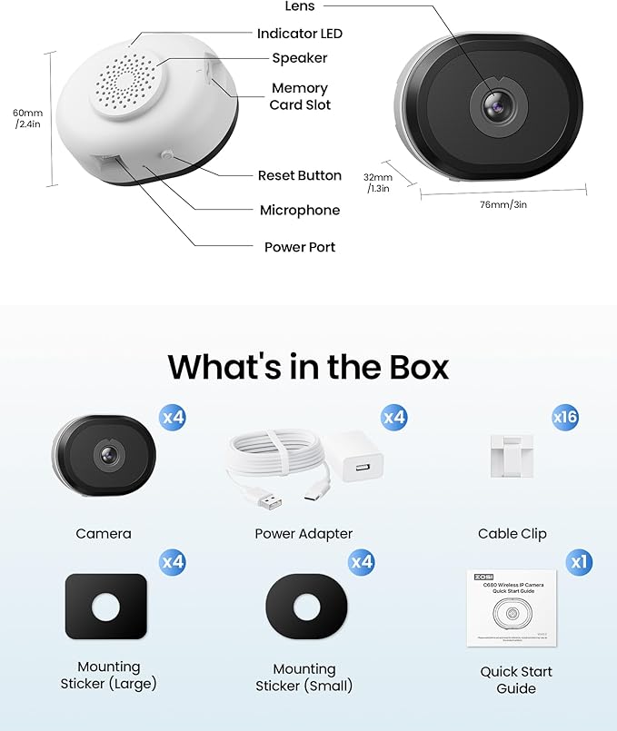 ZOSI 4 x C680 2K Window Security Camera with Full Color Night Vision, 3MP Indoor Plug-in WiFi Camera for Home Security, Human Vehicle Detection, 2.4/5GHz WiFi, 24/7 Recording, Easy & Quick Install