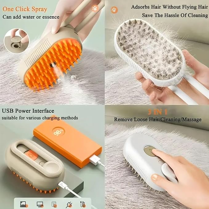 Pet hair removal brush,4-in-1 Cat Steam Brush for Hair Removal,Anti-static pet steam brush,Rechargeable Massage Comb with Spray Function for Dogs and Cats,Clean, Shedding & Grooming All in One