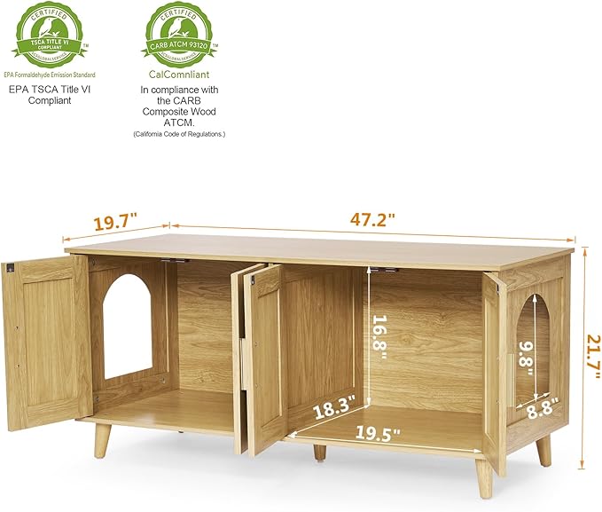 Homhedy Boho Cat Litter Box Enclosure for 2 Cats, Wooden Cat Washroom Furniture with Double Rattan Decorated Doors, Pet House,47.2”L x 19.7”W x 21.7”H, Natural