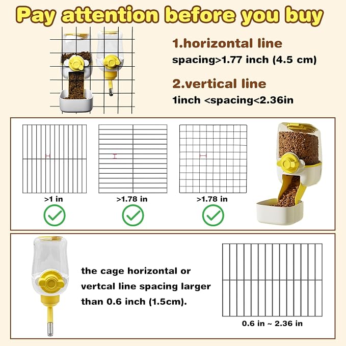 kathson Automatic Rabbit Feeder and Waterer Set, Gravity Pet Food Water Dispenser Bunny Pellet Feeder Small Animal Feeding & Watering Supplies for Guinea Pig Ferret Crate Accessories (Yellow)