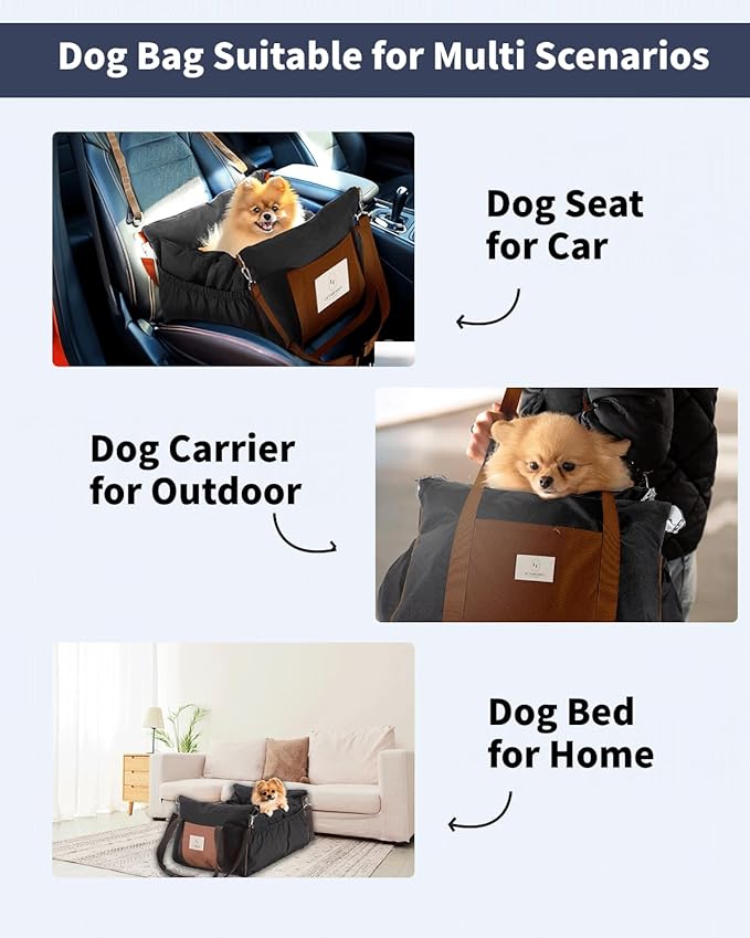 Dog Car Seat for Dogs - Waterproof Dog Booster Seat for Car with Storage Pockets, Clip-On Safety Leash and Soft Plush Cushion, Pet Travel Carrier Bed with Durable Belts up to 25 lbs (Brown, Medium)