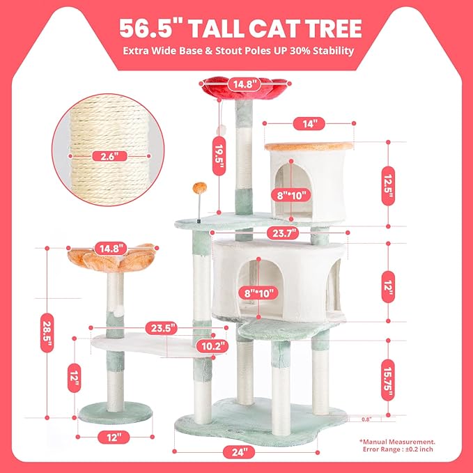 HYABi 56.3in Flower Design Cat Tree, Foldable Multi-Level Tower for Large Cats, Space-Saving Cat Furniture with Scratching Posts, Plush Condo for Indoor Cats