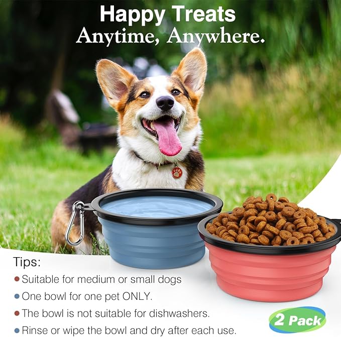Pawaboo Collapsible Dog Bowls 2 Pack, Silicone Feeding Watering Bowls with Lids & Carabiners for Dogs Cats, Portable Water Feeder Food Bowl for Walking Traveling Home Use, Light Pink + Blue