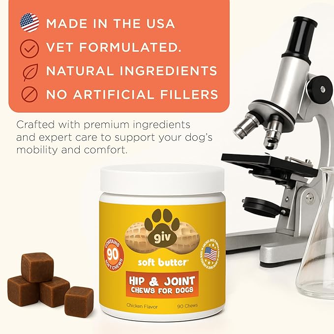 Hip & Joint Supplement Chews for Dogs, Chicken Flavor, 90 Soft Chews - Glucosamine - Chondriotin - Hemp Oil - Turmeric - MSM- Hyaluronic Acid - Hemp Seed Meal