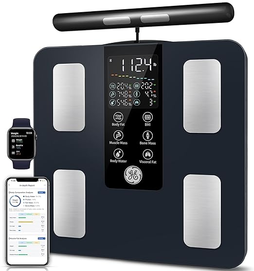 GE Smart Scale for Body Weight: 8-Electrode Digital Bathroom Scale for Weight Fat BMI Muscle Mass Full Body Composition Analyzer 27 Measurements Bluetooth Highly Accurate Weighing Machine, 400 lbs
