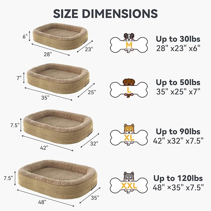 JOEJOY Orthopedic Dog Beds Large Sized Dog, XL Egg-Crate Memory Foam Pet Couch Bed with Bolster Sides, Waterproof Lining, Removable Washable Cover & Non-Slip Bottom, Light Brown
