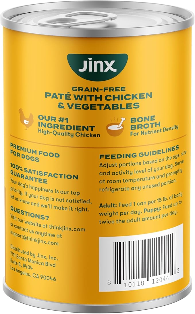 Jinx Premium Wet Dog Food Cans - Chicken & Vegetables Pate - Grain-Free Canned Dog Food Pate & Topper with Real Ingredients & No Fillers - All Life Stages, Breeds & Sizes - 12-Pack, 13 Oz