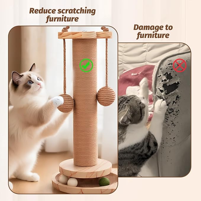 Kitten Scratching Post. 4 in 1 Wooden Cat Scratching Post. Kitten Toys for Indoor Cats with Leaky Food Ball and 2 Sisal Hanging Balls. 15.7" Cat Scratcher with 2 Cat Ball Tracks for Kittens