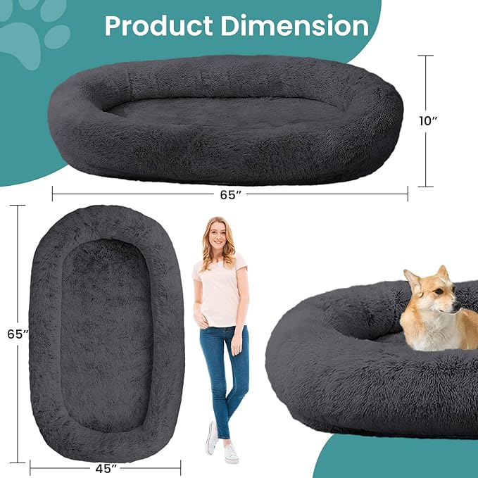 JOLLYVOGUE Human Dog Bed for Adults and Pets, Ultra-Soft Plush Giant Dog Bed with Egg Crate Foam, Non-Slip Base, and Machine Washable Cover - Ideal for Relaxation and Napping, Dark Grey