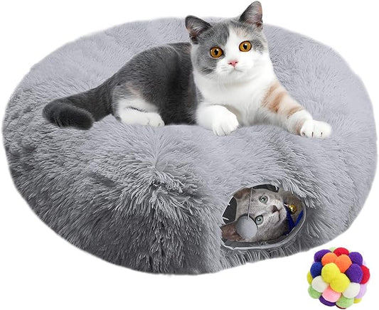 Cat Tunnel Bed with Central Mat, Soft Fluffy Plush Cat Tube Playground Toys, Collapsible Multi-Combinations Donut Circle Tunnel for Indoor Cat Kitten Kitty Puppy Rabbit Ferret (Gray)