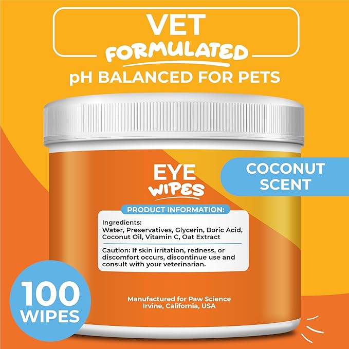Dog Eye Wipes - Hypoallergenic Eye & Face Wipes for Dogs, Cats, & Puppy - Pet Tear Stain Remover & Cleaner - Gently Cleans & Removes Discharge, Crust, & Gunk (Coconut)