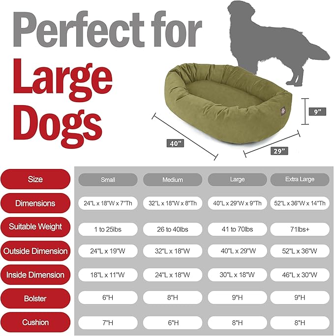Majestic Pet 40 Inch Suede Shredded Memory Foam Mix Calming Large Dog Bed Washable 40 x 29 x 9 (Inch) - Cozy Soft Round Donut Dog Bed with Spine for Head Support - Pet Bed Sage