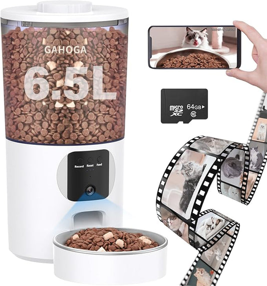 Automatic Cat Feeder with Camera and App, 6.5L 1080P HD Timed Pet Feeder, Automatic Dog Feeder with 2-Way Audio for Cats/Small Dogs, Cat Food Dispenser with Night Vision/Motion Alerts, WiFi 2.4G/5G
