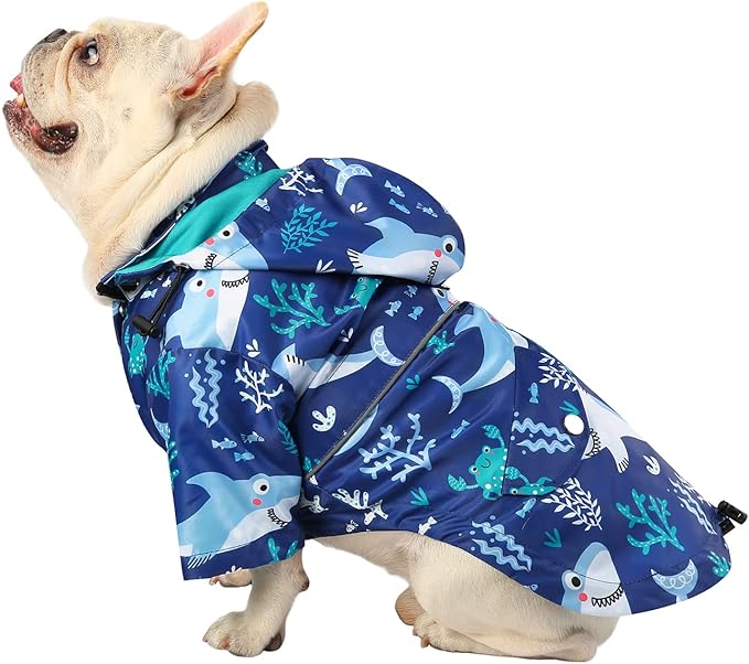 HDE Dog Raincoat Poncho Double Layer Zip Rain Jacket with Removable Hood, Leash Hole for Small to 3XL Dogs and Puppies Sharks - S