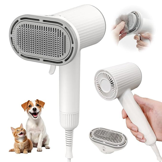 Dog Hair Dryer, Professional 2-in-1 Pet Hair Dryer & Grooming Brush with Removable Comb, Adjustable Temperature/Speed, Portable Dryer for Dogs and Cats