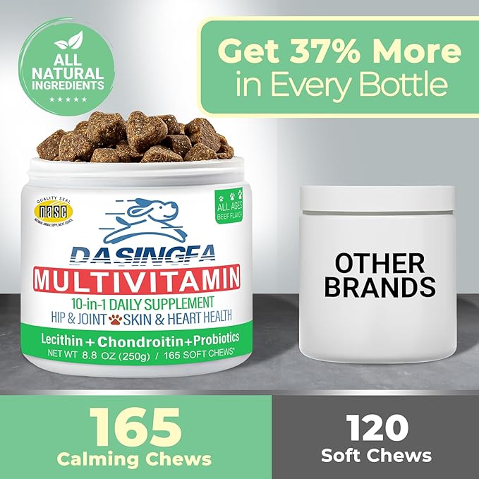 10-in-1 Dog Multivitamin Supplement, Calming Chews with Chondroitin & Probiotics, Mega Pack 8.8oz/250g (165 Chews), Supports Joint Health & Calming, Beef Flavor