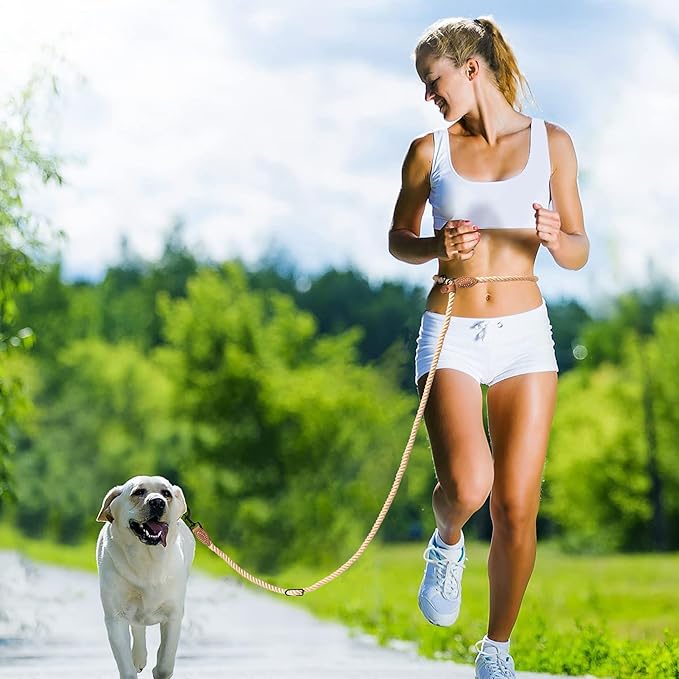 Mile High Life Hands Free Dog Leash, Crossbody Waist Leash with Genuine Leather Connection, Multifunctional Adjustable Slip Lead for Dog Walking Running (Light Brown, 7FT)