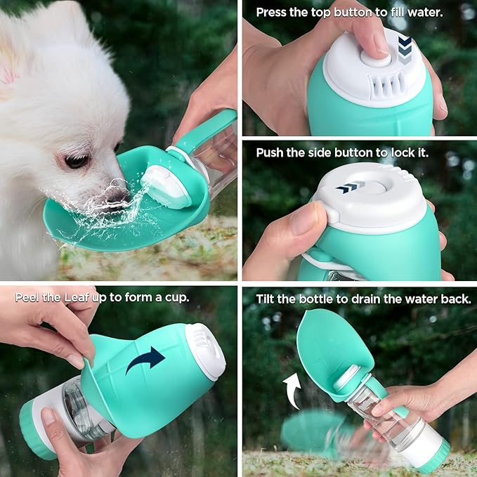 Dog Water Bottle, Portable Pet Water Bottle with Food Container and Drinking Feeder, Leak Proof, BPA-Free, Foldable Puppy Water Cup Dispenser for Outdoor Walking, Travel, Hiking 12OZ