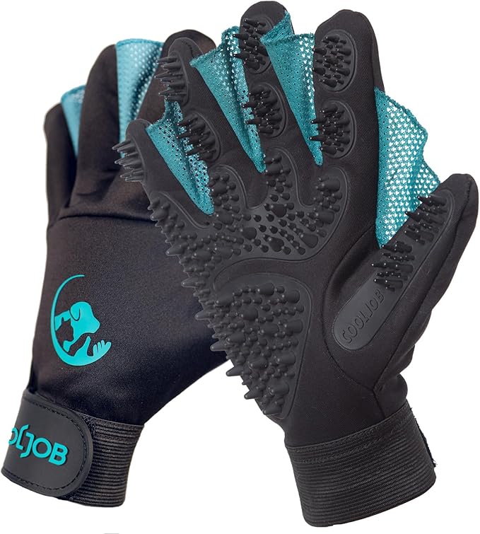 COOLJOB Patented Pet Grooming Gloves with Web, Reusable Washable Cleaning Brush Massage Hair Remover for Short Long Haired Dog Cat Horse Animal, Washing Bathing Shedding Supplies, Medium, Blue Black