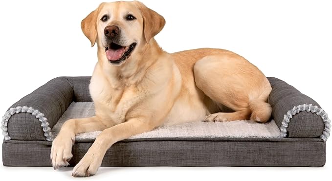 Furhaven Orthopedic Dog Bed for Large/Medium Dogs w/ Removable Bolsters & Washable Cover, For Dogs Up to 55 lbs - Luxe Faux Fur & Performance Linen Sofa - Charcoal, Large
