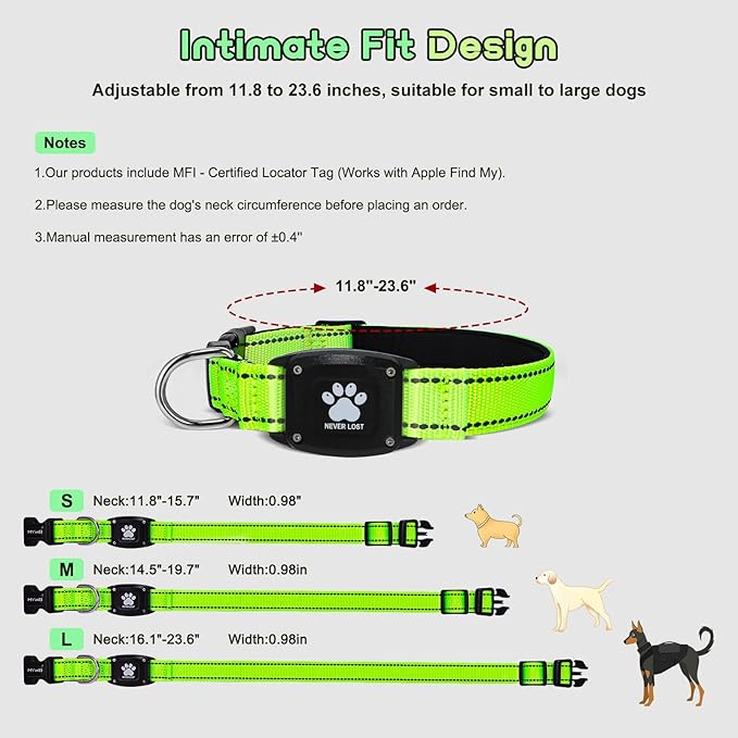 GPS Dog Collar Tracker 2-in-1,Reflective Waterproof Adjustable Pet Collar,iOS-Only,Ideal for Dog Tracking pet Tracker,for Small to Large Dogs,Real-Time Tracking,No Monthly Fees(Green,Small)