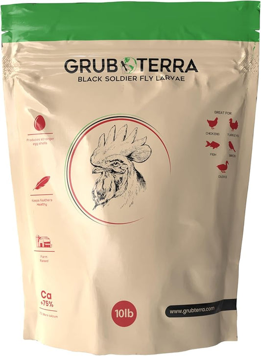 GrubTerra Golden Dried Black Soldier Fly Larvae - Premium Supplement to Increase Egg Production for Hen Treats, Bird Feed, Chicken Feeder, Pet Bird Food, and Wildbird Feed, Never from China! (10lb)