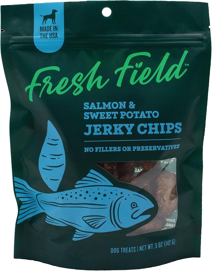Fresh Field Salmon & Sweet Potato Jerky Chips, 5 oz – All-Natural Dog Treats, USA Made, No Fillers, Omega-3 Rich