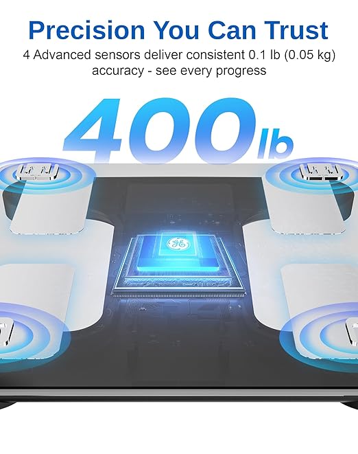 GE Smart Scale for Body Fat, BMI Muscle Mass Digital Bathroom Weight Scales Bluetooth Electronic Body Composition Monitor for People with App Large Display, Accurate 400lb Weighing