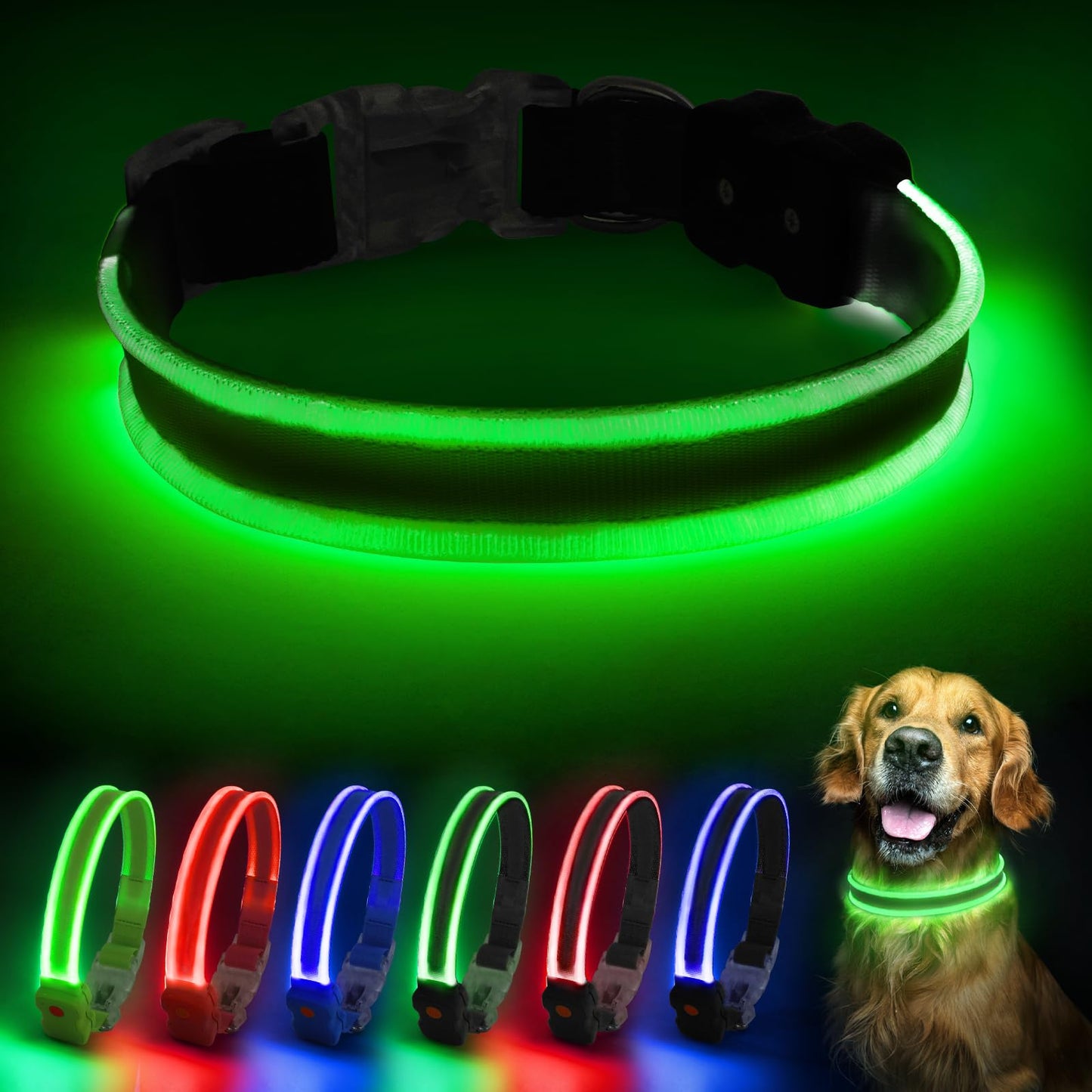 PcEoTllar Light up Dog Collars Rechargeable, LED Dog Collar Night Walking, Waterproof Flashing Glow in The Dark Dog Collars, Adjustable Dog Lights for Large Small Medium Dogs Green-m