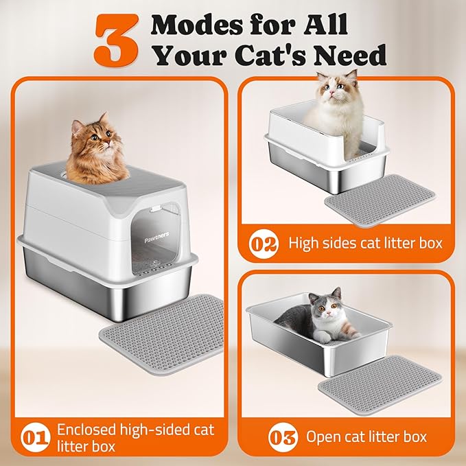Pawtners Stainless Steel Cat Litter Box, XL Extra Large Kitty Litter Pan, Front Entry Top Exit Enclosed Metal Cat Toilet for Odor Control with Removable Lid & Scoop & Mat, Anti-Leakage, Easy to Clean