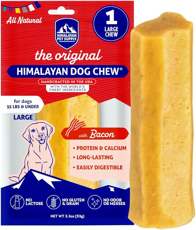 Himalayan Chew Original Yak Cheese Chew, Bacon, 1 Large Stick, 3.3 oz, Gluten Free, Healthy Treats, Grain & Lactose Free 100% Natural, Long Lasting Chews for s Under 55 lbs
