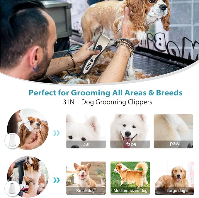 FERRISA 3 in 1 Dog Grooming Kit, Low Noise Rechargeable Dog Clippers for Grooming, Nail Trimmers for Small Dogs, Cordless Small Pet Grooming Clippers for Paws, Eyes, Ears, Face, Rump