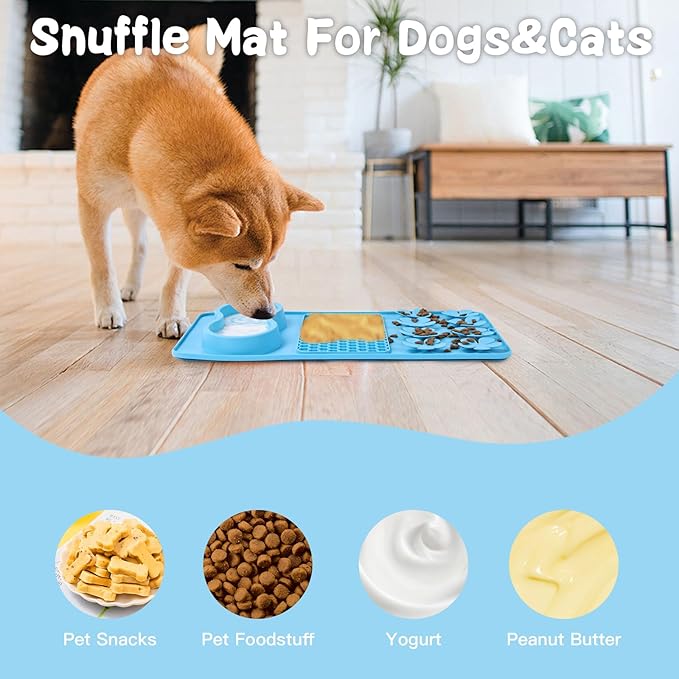 LONGFITE Large Dog Feeding Licking Snuffle Mat Silicone Slower Feeder Lick Mats Multi Use for Dry&Wet Food and Water with Brush and Spatula (Blue)